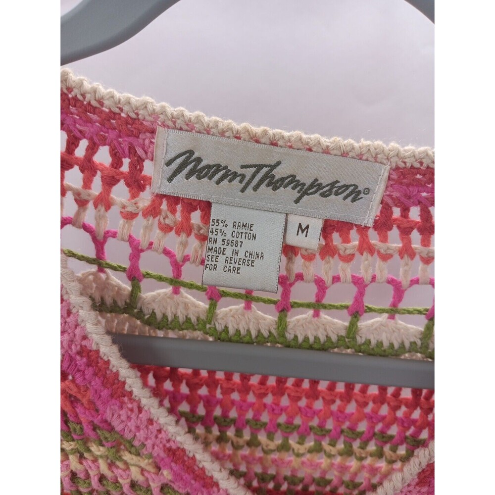 Norm Thompson Vintage Pink Green Red Striped Open Knit Crocheted Cardigan Size M - Picture 2 of 7